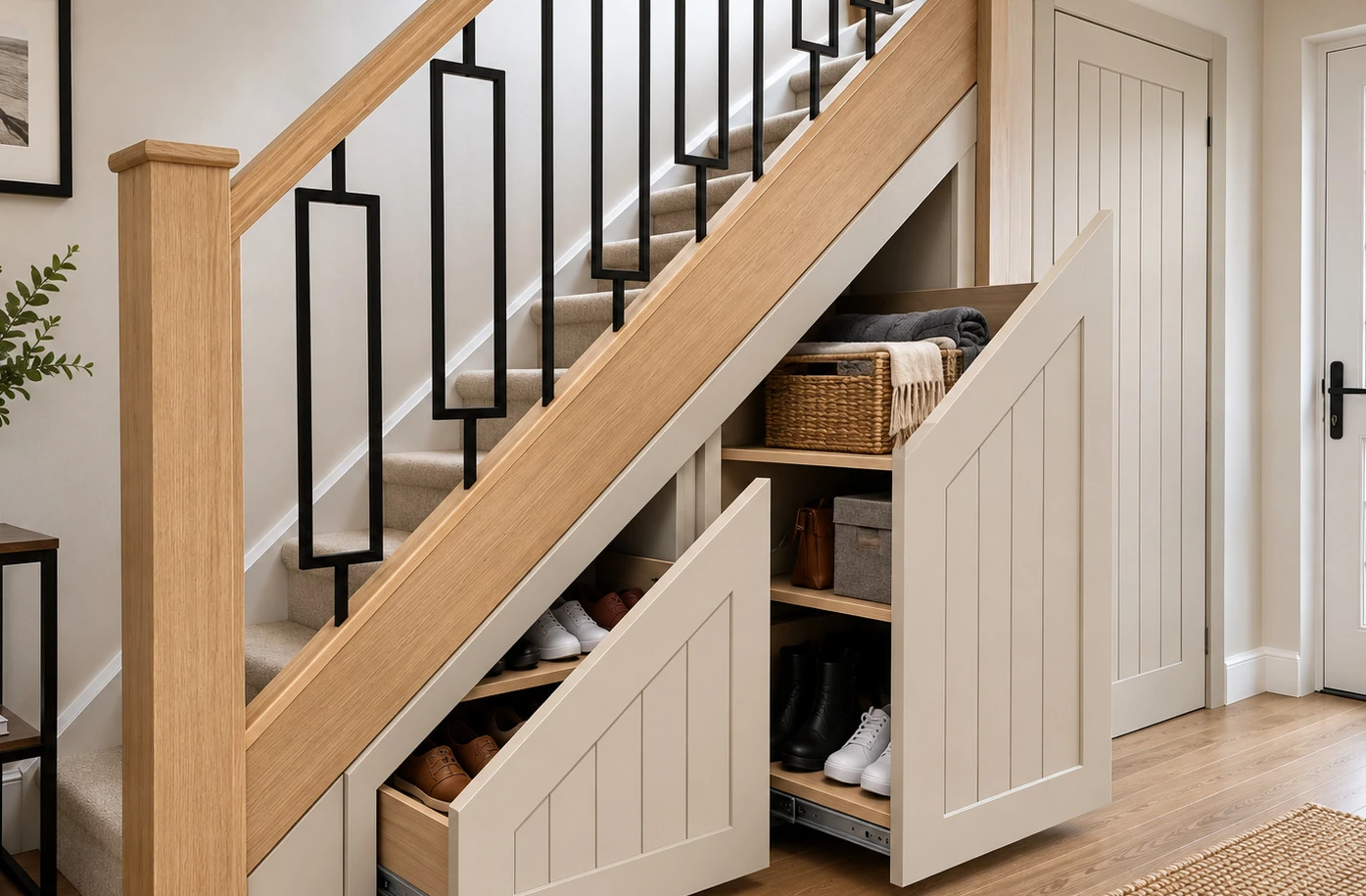 After visualisation: warm off-white pull-out storage beneath the oak staircase, with drawers open to show shoes and household storage.