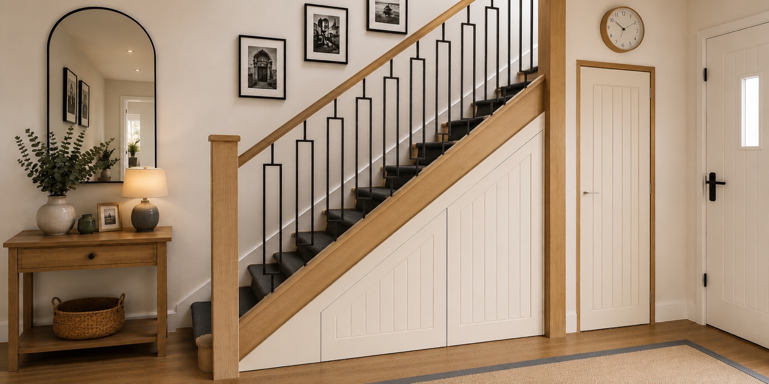 Bespoke under-stairs storage fitted in a Kent home