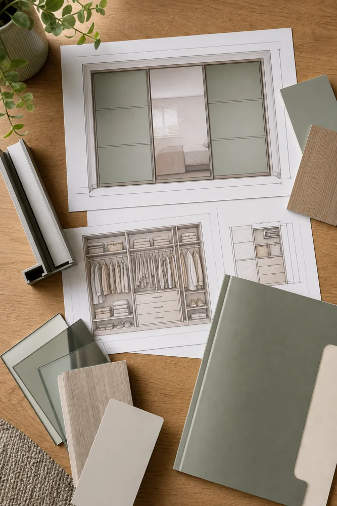 Sliding wardrobe drawings with door frame and finish samples