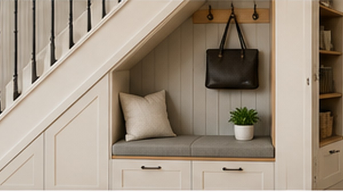 Under-stairs mudroom bench storage with drawers and coat hooks