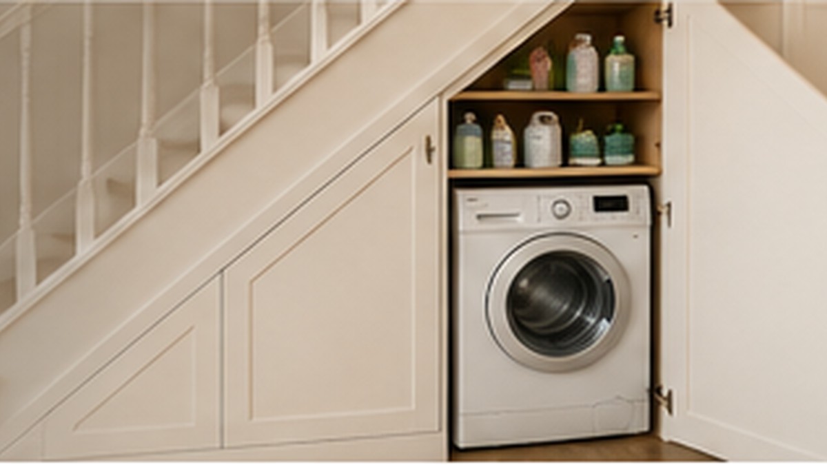 Hidden utility and household storage fitted beneath a staircase